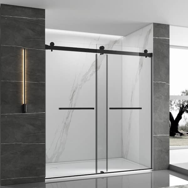 EPOWP 48 in. W x 76 in. H Double Sliding Frameless Shower Door in Matte Black Finish with Clear Glass