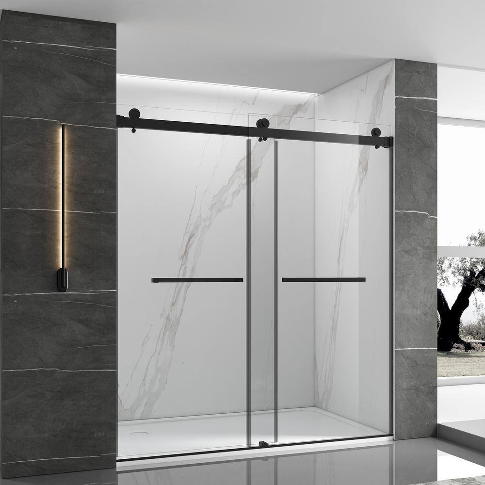 72 in. W x 76 in. H Double Sliding Frameless Shower Door in Matte Black Fin