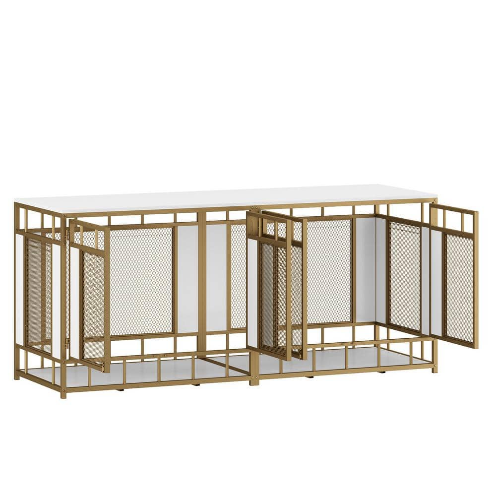 FUFU&GAGA Large Dog Kennels Crate, Indoor Dog Crate End Table, Mesh and Wooden Dog Cages for 2 Medium or Large Dogs,White and Gold