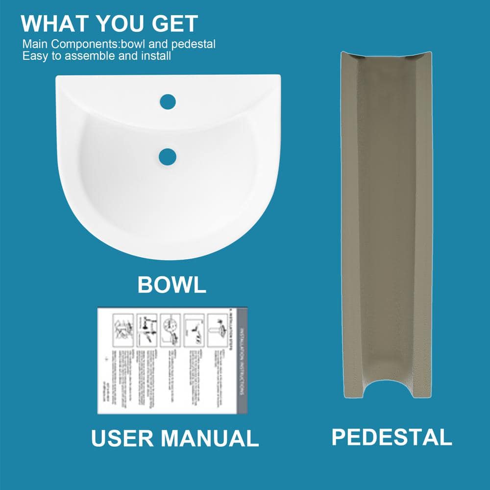 White Ceramic Gloss Pedestal Bathroom Sink with Overflow Drain