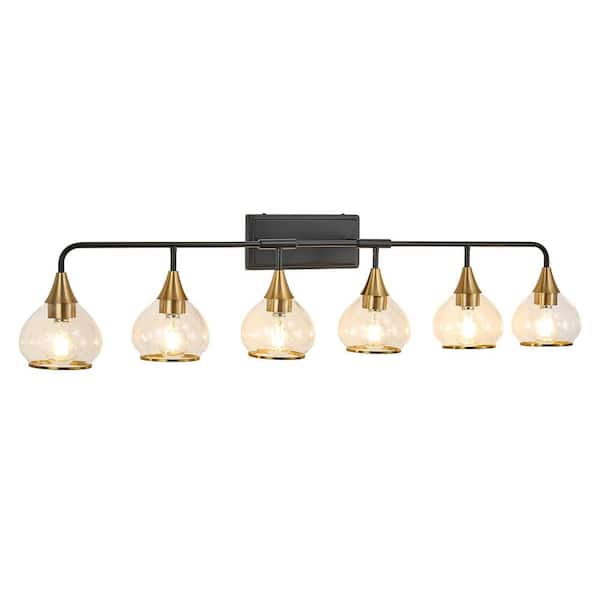 48 in. 6-Light Black and Gold Vanity Light with Clear Glass Shades