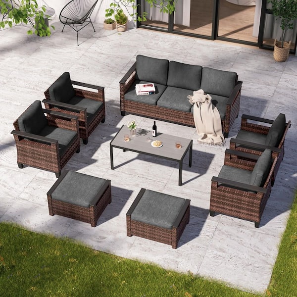 JOYESERY 8-Piece Patio Conversation Set with Coffee Table Wide Armrests Sofa with Ottoman Brown Wicker Black Cushions