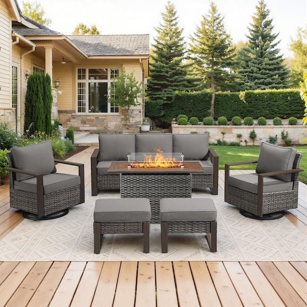 FanKan Gray 6-Piece Wicker Outdoor Glider Chair Patio Deep Seating with Rectangular Fire Table and Gray Cushions