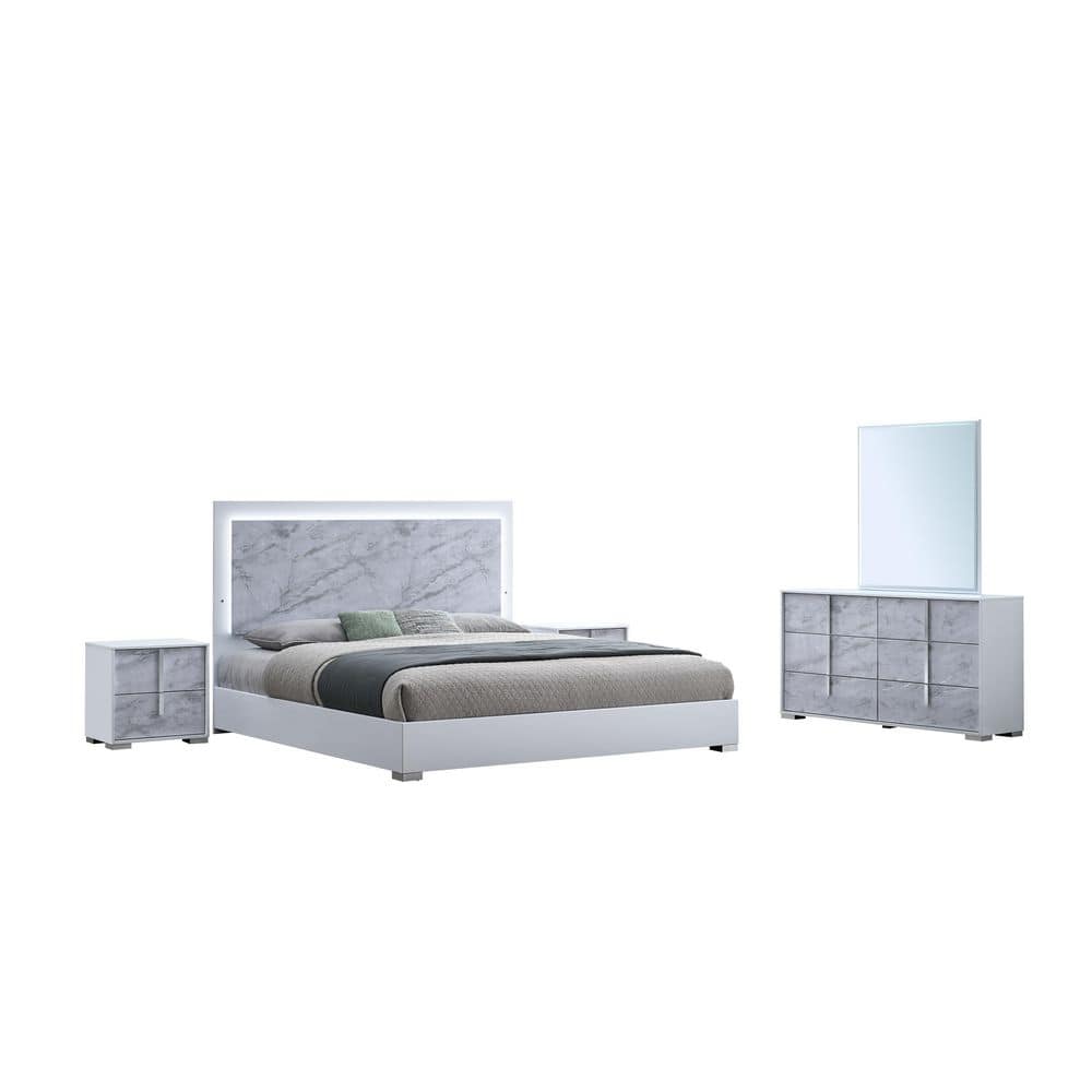 Luna 5-Piece Queen White/Silver Wood Modern Lacquer Bedroom Set with LED Lighting price history on PriceWatchPro