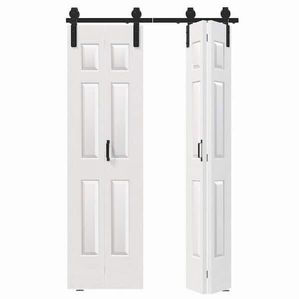 48 in. x 84 in. (Double 24 in. W Doors) White Finished, MDF 6-Panel Bi-Fold Style Sliding Barn Door with Hardware Kit