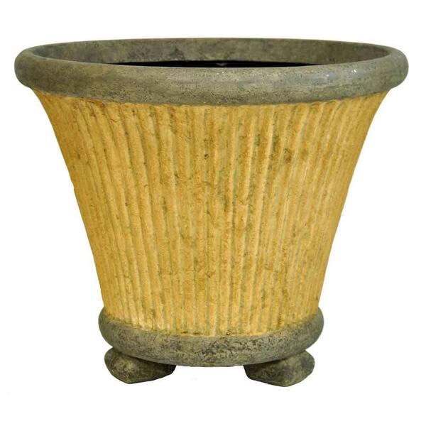MPG 20 in. Round Cast Stone Fluted Pot with Feet in Aged Sandstone with Granite Accents Finish