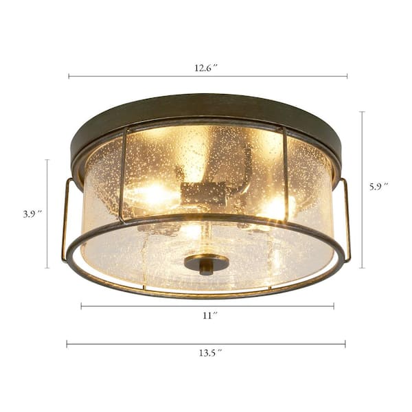 Modern Farmhouse 3-Light Black Flush Mount Light Foyer Drum Ceiling Light  with Clear Seeded Glass Shade and Cage Frame