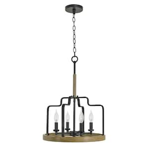 Jensen 22 in. 60-Watt 4-Light Black Open Frame Lantern Pendant Light, with Smoked Birch Wood Style Ring