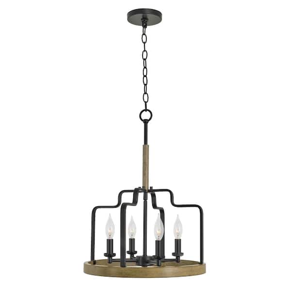 Kira Home Jensen 22 in. 60-Watt 4-Light Black Open Frame Lantern Pendant Light, with Smoked Birch Wood Style Ring