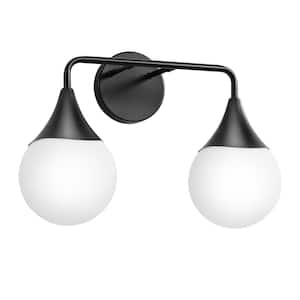 16.8 in. 2 Light Black Vanity Light with Milk White Globe Glass Shade Modern Bathroom Lighting Fixtures