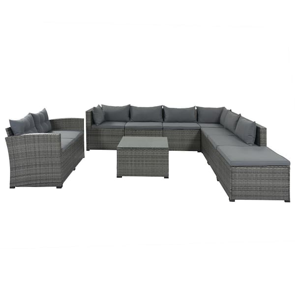 URTR Gray 9-Piece Patio Conversation Set, Outdoor Rattan Wicker Sectional Sofa Set with Table, Ottoman, Gray Cushion