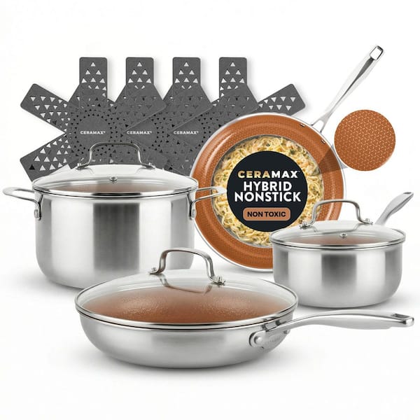 12-Pieces Tri-Ply Micro Textured Ceramic Etched Design Nonstick Cookware Set with Lid in Stainless Steel/Copper