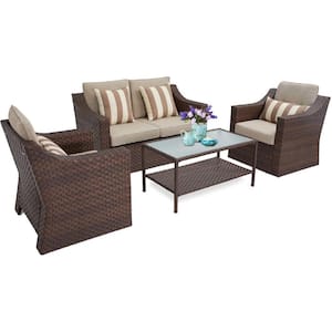 Brown 4-Piece Wicker Patio Conversation Set with Light Brown Cushions
