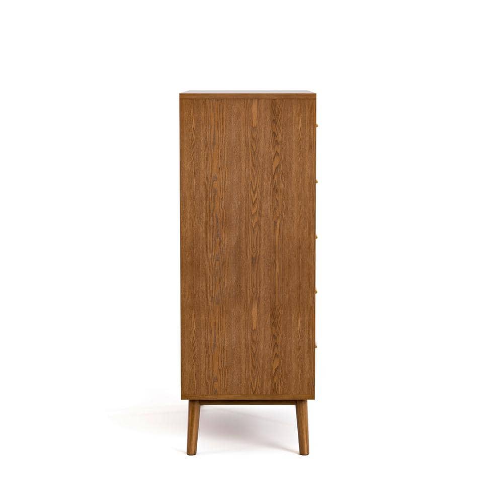 Walnut Brown Mid-Century Modern 5-Drawer Chest with Brass Handles