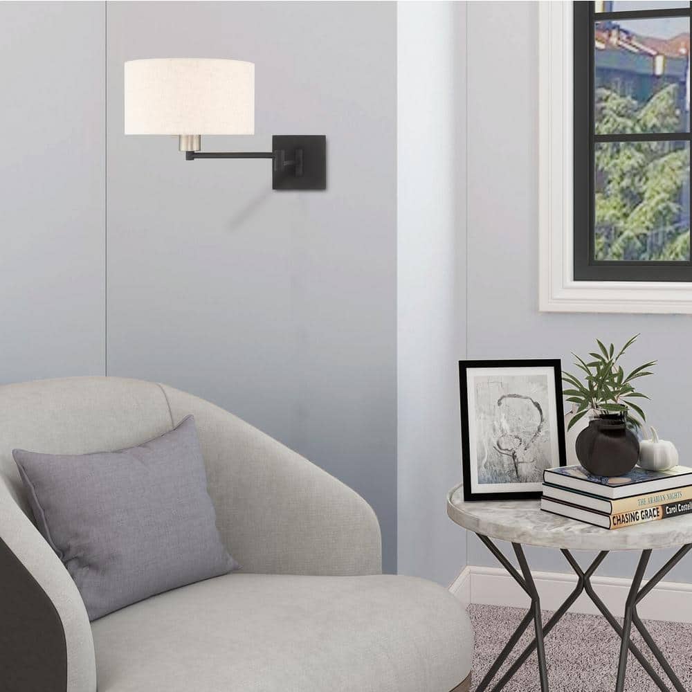 Black Steel Swing Arm Wall Lamp with Oatmeal Fabric Shade
