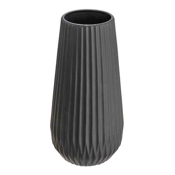 11.4 in. Round Stoneware Fluted Vase with Embossed Lines 3.46 in. Opening in Matte Black