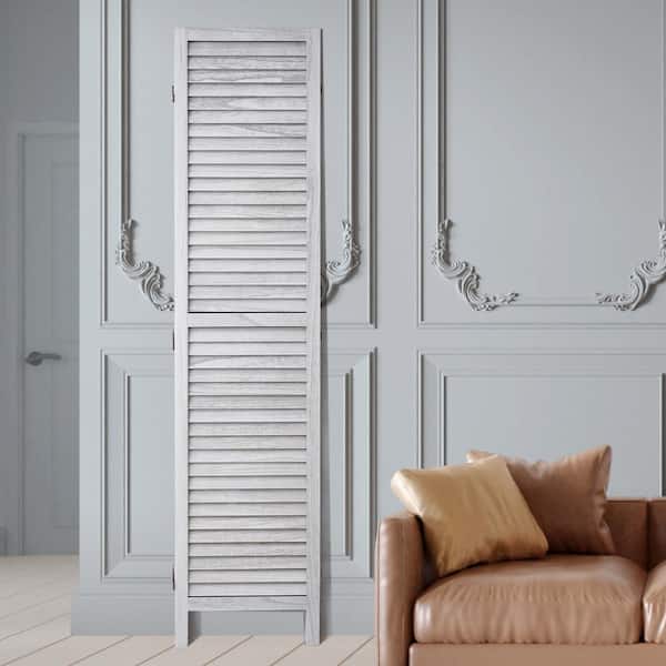 6-Panel Wood Room Divider, 66.9-in. Folding Privacy Screen, Louvered Wooden Partition, Portable Decorative Divider White
