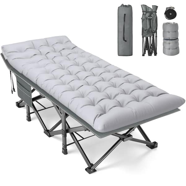 Trigg 31.5 in. Outdoor Folding Cots for Camp with Carry Bag Portable Sleeping Camping Cot, Striped Gray Bed+Gray Pad
