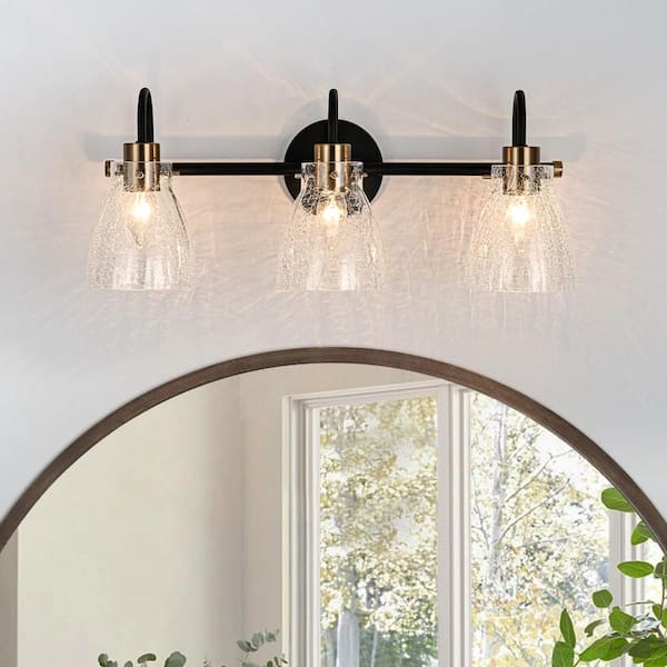 Thomas 22 in. 3-Light Gold and Black Bathroom Vanity Light with Crackled Ice Glass