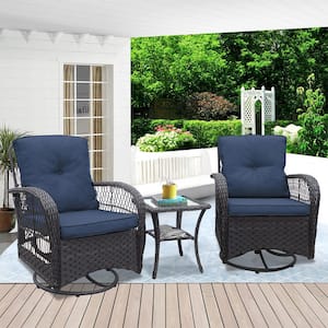 3-Piece Brown Wicker Patio Conversation Set with Navy Blue Cushions, Glass Top Side Table