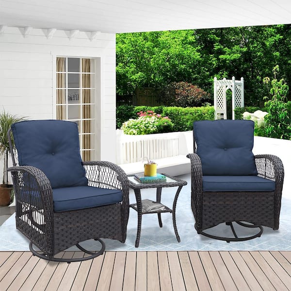 Tenleaf 3-Piece Brown Wicker Patio Conversation Set with Navy Blue Cushions, Glass Top Side Table