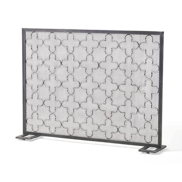 Avex Silver Black Iron 1-Panel 41 in. Fireplace Screen with Clover Trellis Pattern
