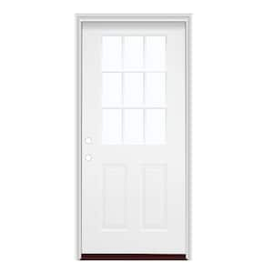 36 in. x 80 in. Right-Hand/Inswing 2 Panel 1/2 Lite 9 Lite Clear Glass Smooth Fiberglass Prehung Door w/PVC Frame