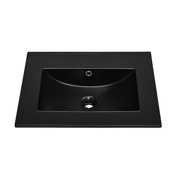 24.5 in. W x 18.5 in. D Zero Hole Ceramic Vanity Top Sink in Glossy Black