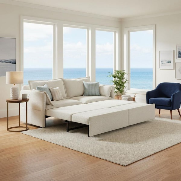 QFLZBY Full Size 78.7 x 73.6 in. Corduroy Convertible Sofa Bed with Side Storage and USB Charging Ports in Linen White