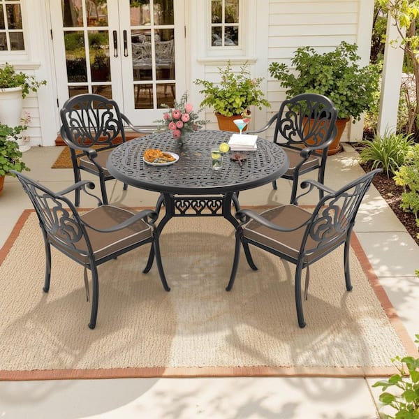 Willit Elizabeth 5-Piece Cast Aluminum Patio Outdoor Dining Set with Round Dining Table, 4 Swivel Chairs and 4 Brown Cushions
