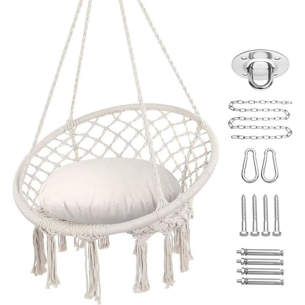 Hammock Chair Macrame Swing Chair, Max 330 lbs. Hanging Chair Cotton Rope Hammock Chair Swing, Beige