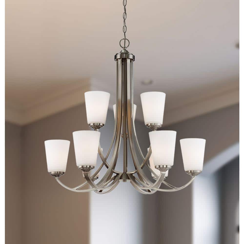 Brushed Nickel 9-Light Chandelier with Etched White Glass Shades