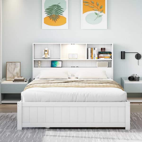 White Wood Frame Twin Platform Bed with Bookcase Headboard