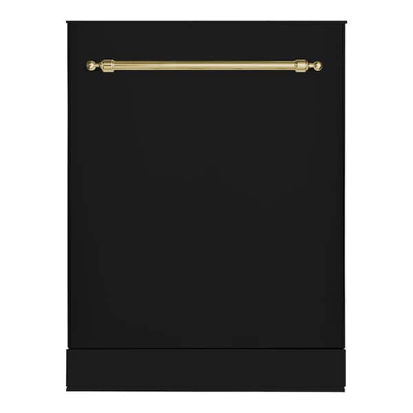 Hallman Classico 24 in. Dishwasher with Stainless Steel Metal Spray Arms in Glossy Black with Classico Brass handle