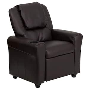 Contemporary Brown Leather Kids Recliner with Cup Holder and Headrest