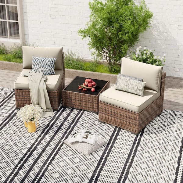 Poteban 3-Piece Wicker Patio Conversation Set with 4 in. D Cooling Cream Cushions