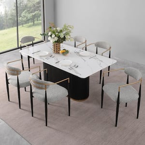 Modern 7-Piece Faux Marble Dining Table Top with Boucle Chair in Gray Dining Room Set for Kitchen