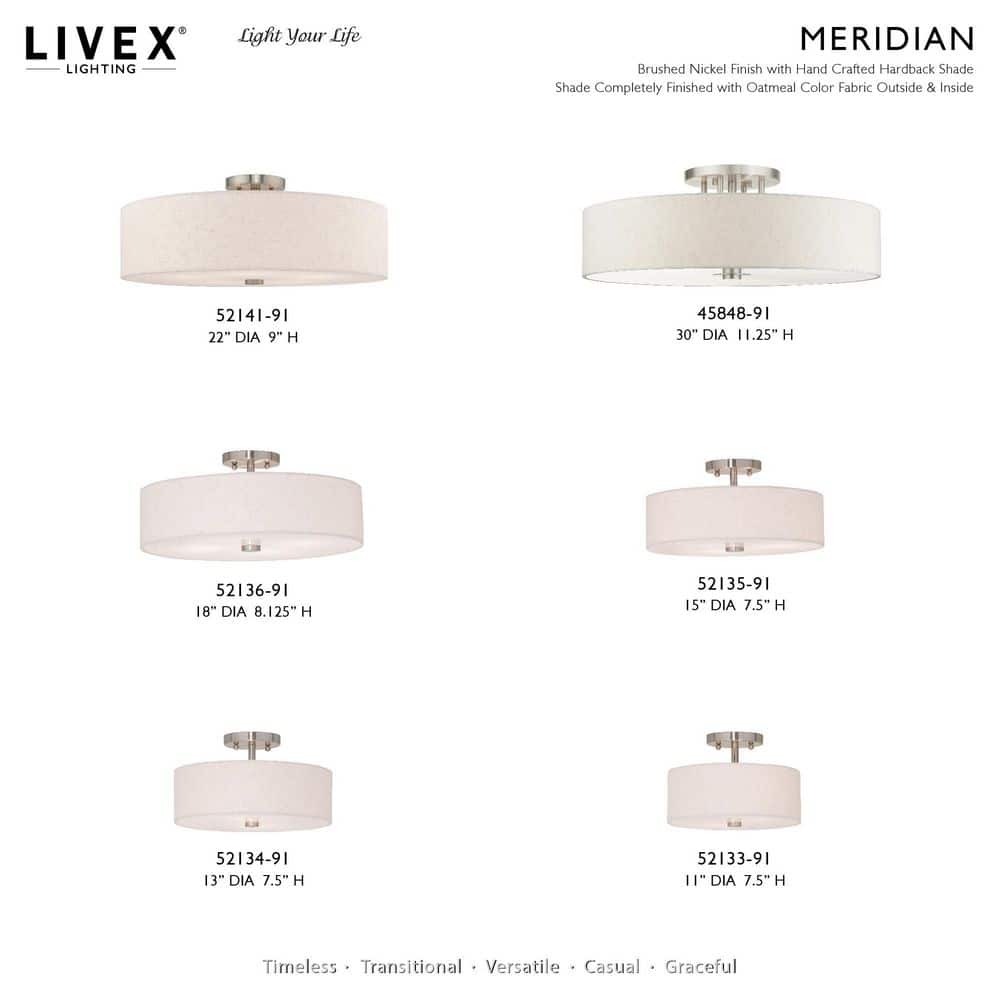 Elegant Meridian Brushed Nickel Drum Ceiling Light with Oatmeal Fabric Shade