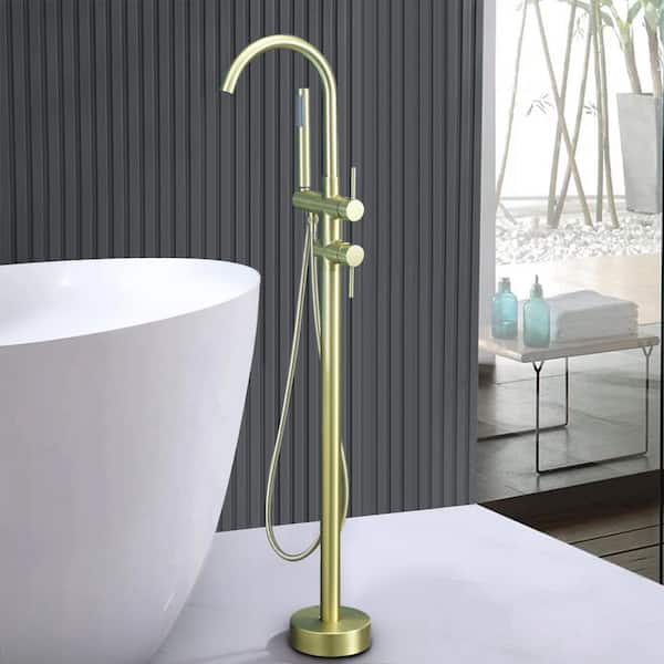 2-Handle Floor Mount Freestanding Tub Faucet with Hand Shower in Brushed Gold