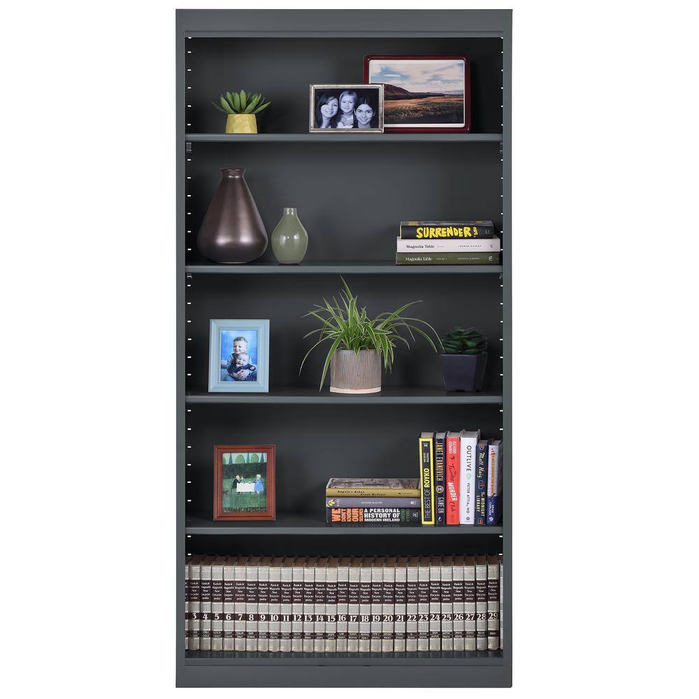 Charcoal Powder-Coated Steel 72" Adjustable 5-Shelf Bookcase