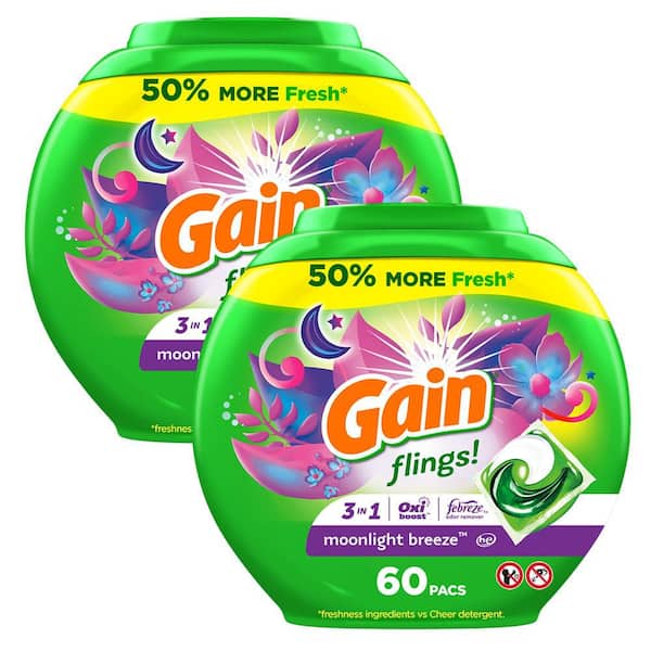 Flings Oxi Boost and Febreeze 3 in 1 HE Moonlight Breeze Scent Laundry Detergent Pods (60-Count, Multi-Pack 2)