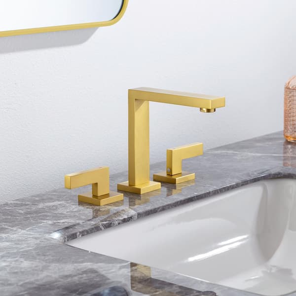 Square 8 in. Widespread 2-Handle Bathroom Faucet with Drain Kit and Water Supply Lines Included in Brushed Gold