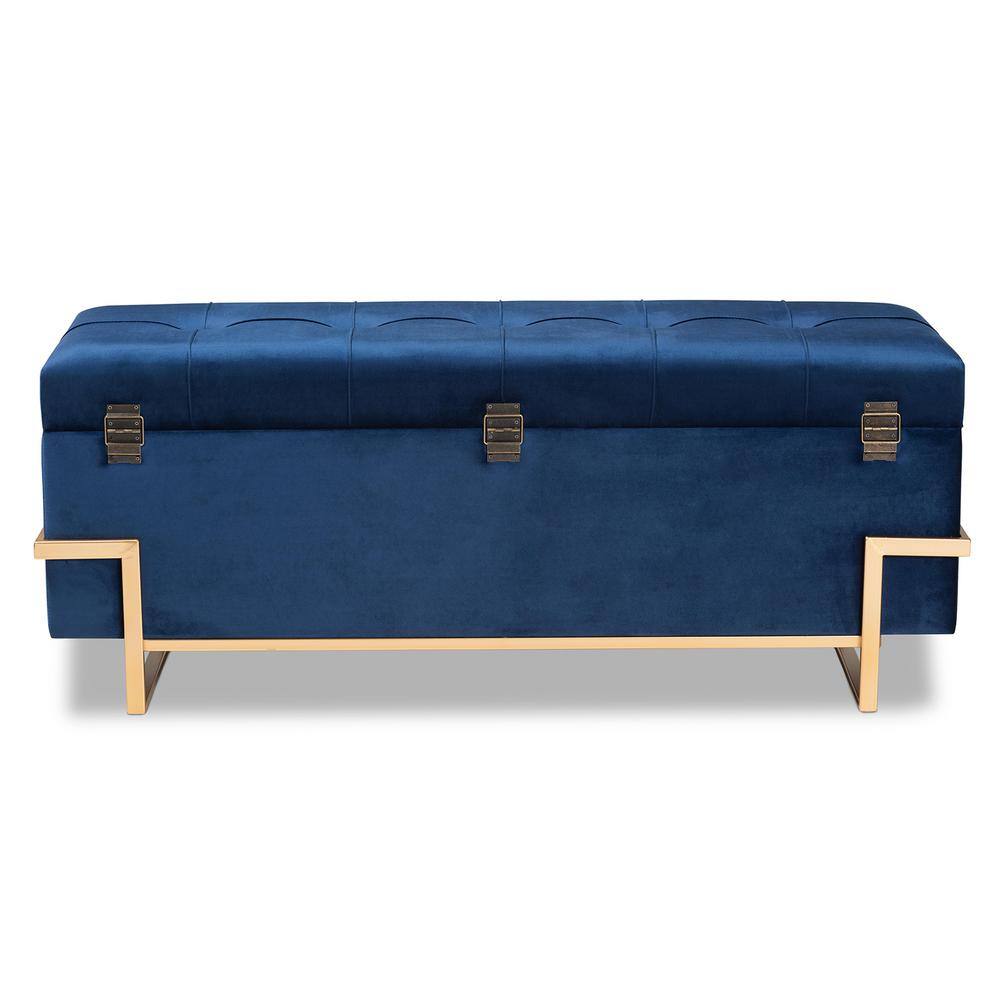 Parker Navy Blue Velvet and Gold Metal Storage Ottoman