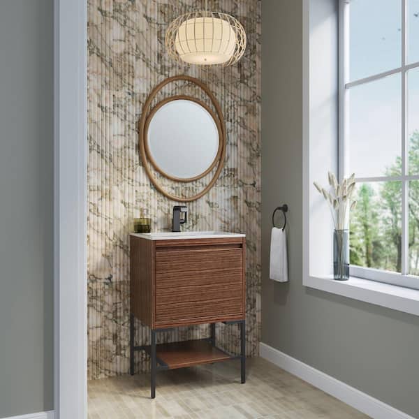 James Martin Vanities Mantova 23.6 in. W x 18.1 in. D x 36 in. H Single Bathroom Vanity Mid-Century Walnut & Glossy White Composite Stone Top