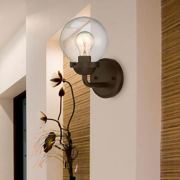 Knoll 5.75 in. 1-Light Oil Rubbed Bronze Retro Wall Sconce with Clear Glass Shade