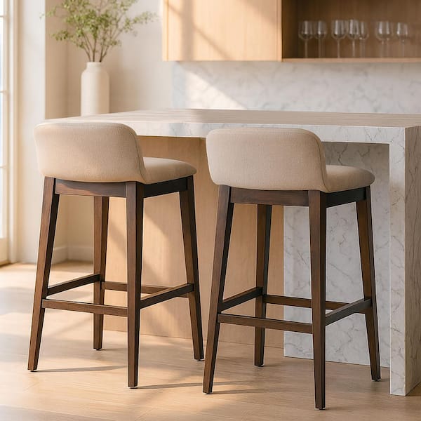 Atia Dark Brown Rubberwood Bar Heigh Barstool with Low Back Fabric Seat (Set of 2)