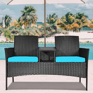 1-Piece Wicker Patio Conversation Set with Turquoise Cushions
