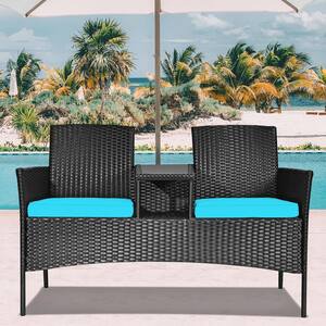 1-Piece Wicker Patio Conversation Set with Turquoise Cushions