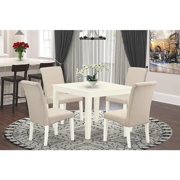 East West Furniture 5-Piece Square Linen White Finish Solid Wood Top-Dining Room Set-Seats 4