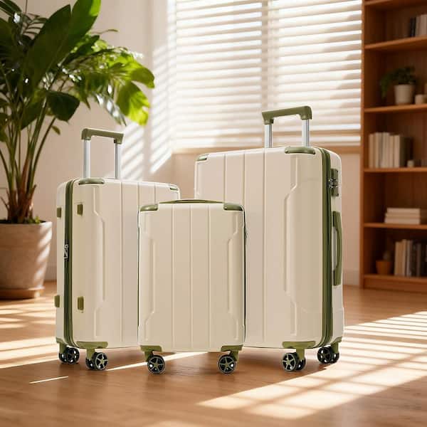 3 Bags 3-Piece White and Green Expandable ABS Hardshell Spinner Luggage Set with TSA Lock and Reinforced Metal Corner